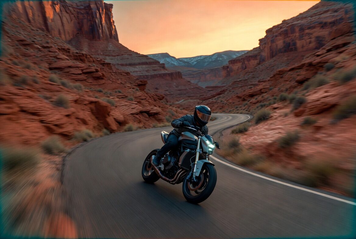 Motorcycle rider sweeping through a curvy red-rock canyon road in southern Utah at golden hour